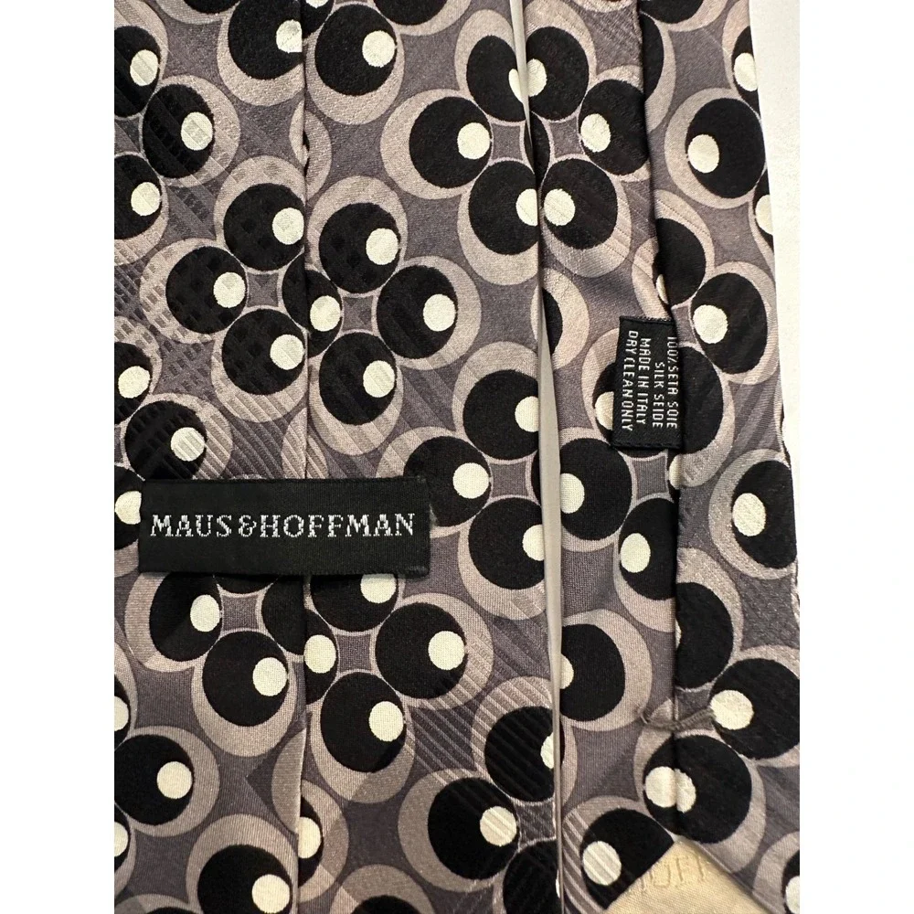 Maus & Hoffman Mens Silk Tie Italy Geometric Floral Grey Black White 3.75